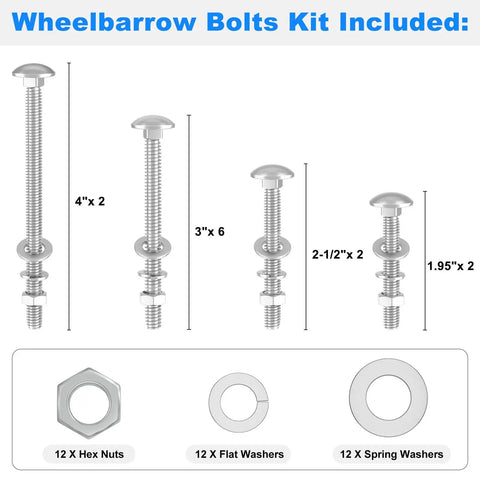 Premium Wheelbarrow Handle Bolts And Nuts Kit Includes Four Heavy Duty Frame Sizes for repair of garden carts components.