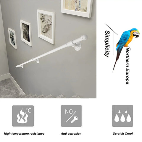 Heavy Duty Wrought Iron Handrail For Indoor Outdoor Stairs And Patio Walls Anti Rust Safety Banister Built Tough Support Rail For Elders Accessible Homes And Smooth Daily Rides 19 Feet Long mounted on a wall with art.