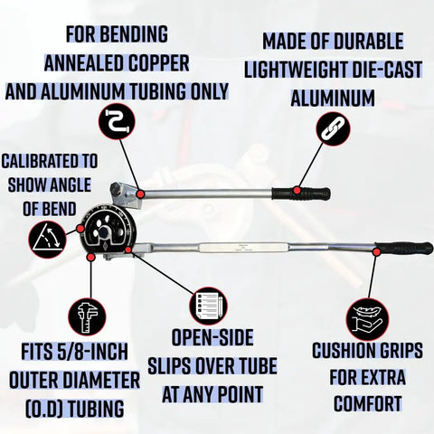 Diagram of Lever Tube Bender For Five Eighths Inch Outer Diameter Tubing with features and labels on a white background.