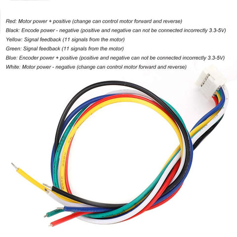 Wiring harness for 12V Encoder Gear Motor for Robotics, showing color-coded wires for connections. Suitable for precise motion control.