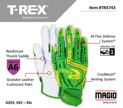 T Rex Windstorm Series ANSI A6 Goatskin Palm Impact Gloves Size 9 Large for heavy duty work with back of hand protection