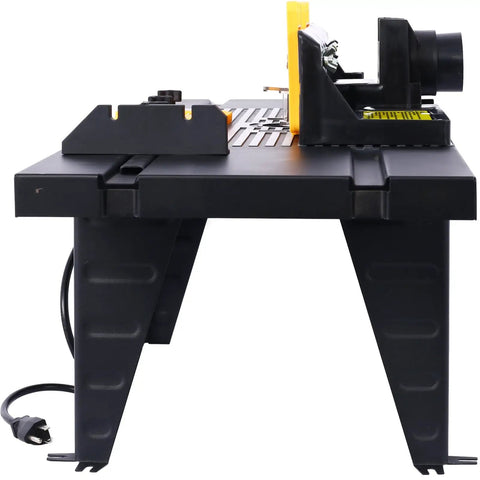 Heavy Duty Benchtop Router Table Packs A Rock Solid Cast Iron Top And Tight Adjustable Fence For Precision Woodworking, side view with open chassis and powerful router.