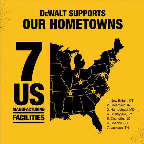 Map showing DeWalt's 7 US manufacturing facilities locations highlighted on the eastern United States.