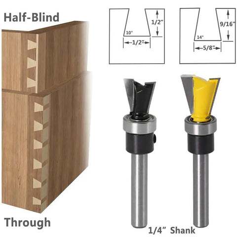 Two Pack Dovetail Router Bits 1/4 Inch Shank With Bearing For Woodworking Cutter Set showing joinery examples and bit design