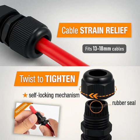 Close-up of Three Quarter Inch NPT Strain Relief Heavy Duty Nylon Cord Grip Cable Glands Black Plastic Grommets in use.
