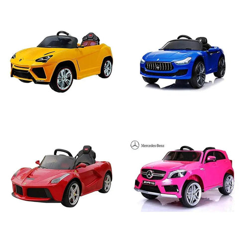 Colorful kids ride-on cars with styles like Wrangler SUV and sports cars, ideal for use with a 12V battery charger for kids ride-on cars.