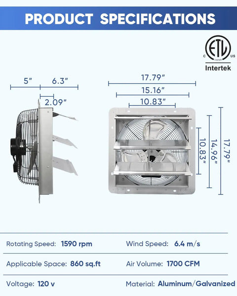 Product specifications of Beefy 14 Inch Shutter Exhaust Fan High Speed 1520 CFM Wall Mounted With 1.65m Power Cord