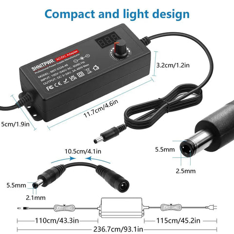 Universal AC to DC Power Adapter 3V to 24V, 2A 48W with 15 tips and polarity converter dimensions diagram