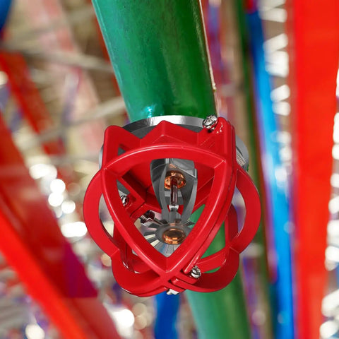 Sick Fire Sprinkler Head Guard Cover Metal Cage Protector Shell For Ceiling Mount Easy Hook Up Visual Warning Bump Buster Guard Keep Your Sprinklers Hella Secure And Looking Sharp 3.34 Inches red metal cage around sprinkler on green pipe