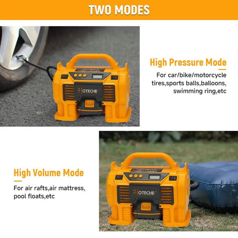 Hoteche 20V Cordless Air Compressor 160PSI Max showing high pressure and volume modes for diverse inflating needs.