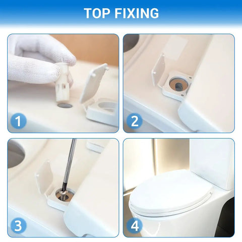 Step-by-step installation guide for Round Toilet Seat 16.5 Inch Soft Close White Plastic, showing top fixing hardware.
