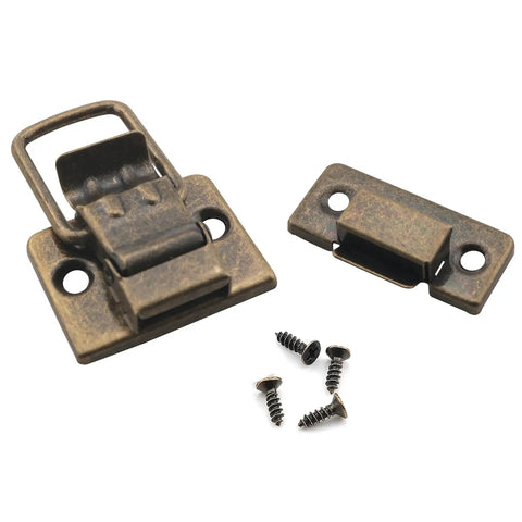 Vintage Wooden Case Toggle Latch Set 4 Pieces With 16 Screws 1.4x1.2 Inch, bronze-tone metal latch with screws close-up