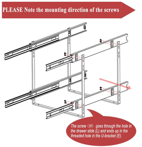Installation guide for The Real Deal Heavy Duty Two Tier Pull Out Cabinet Organizer, showcasing screw mounting direction for proper assembly.