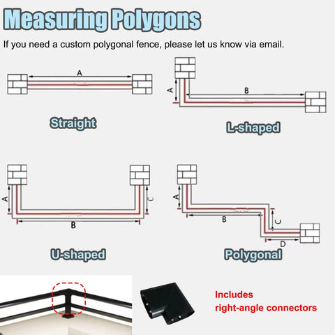 Instructions for measuring polygons with straight, L-shaped, U-shaped, and polygonal fence designs, includes right-angle connectors.