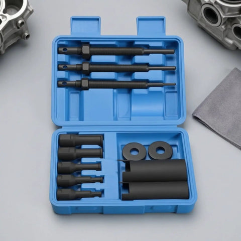 High Quality 12 Piece Internal Bearing Puller Tool Kit Made From Heat Treated 45 Steel Comes With Adapters Sleeves And Rods In Molded Case Great For Badass Garage Work And Nasty Bike Repairs Perfect For Diy Mechanics Who Want Sturdy Gear For Home Use. 12-piece bearing puller kit in blue case with rods, sleeves, and adapters