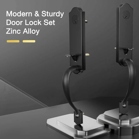 Tough As Nails Front Door Handle Set With Deadbolt And Reversible Lever In Matte Black showcased on a display stand
