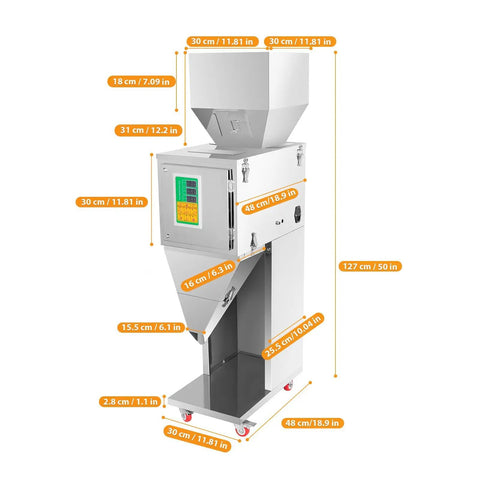 Top Shelf Automatic Powder And Particle Filling Machine With 77 Pound Hopper side view dimensions and digital control panel.