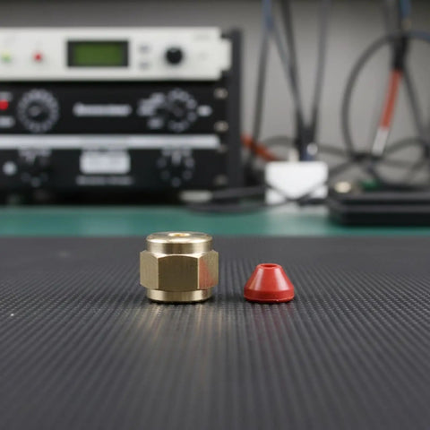 Heavy Duty Simhoa Stage Fog Machine Nozzle Replacement Fitting With Brass Hex Body Threaded Connector And Cap, brass fitting with red cap.