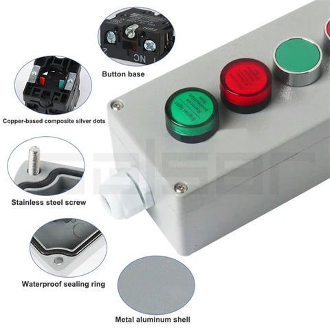 Close-up of explosion proof outdoor control box with buttons and components