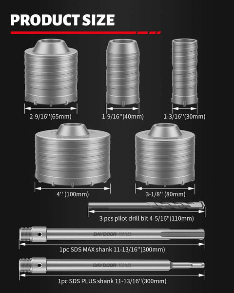 DAYDOOR concrete hole saw kit with SDS Plus/Max shanks; includes 2-9/16", 1-9/16", 1-3/16", 3-1/8", 4" core bits