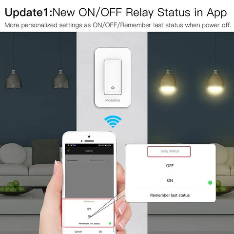 Illustration of WiFi Smart Single Pole Wall Light Switch No Neutral Needed on wall with app control shown on smartphone screen.