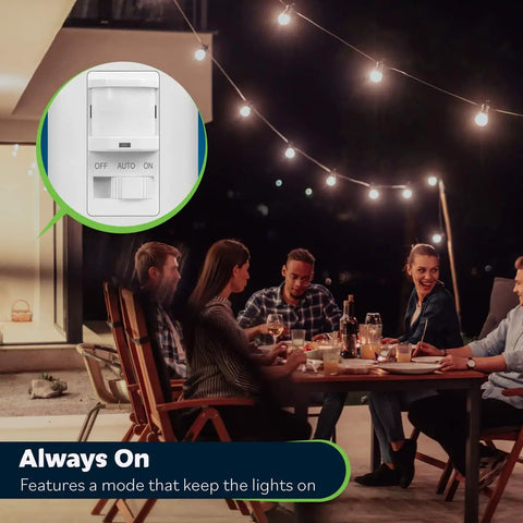 Motion Sensor Switch With PIR Sensor Auto On Off Lights No Neutral Wire Required 150W Dimmable LED shown in patio use