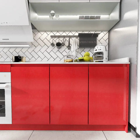 Kitchen cabinets with Red Glossy Peel And Stick Wallpaper Vinyl Wrap With Glitter Finish, Self Adhesive, Waterproof Wall Tile Sticker