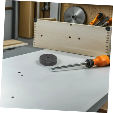 Check Out These 6pc Nylon Polishing Buffing Wheels With 10mm Hole For Metal Aluminum Wood And Furniture Making Your Surface Look Super Clean And Shiny Real Fast Today, showing a nylon buffing wheel on a workspace.