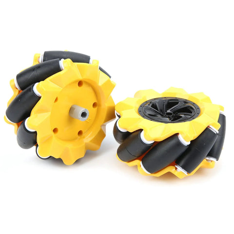 DIY Mecanum Wheel Robot Car with 80mm yellow and black wheels for smooth operation and eco-friendly projects.
