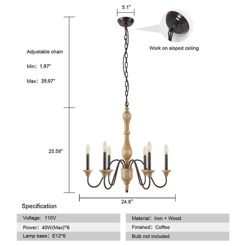 Farmhouse Chandelier With 6 Lights, Wood Rustic Candlestick Pendant Light, adjustable chain, iron and wood material, French Country Vibe