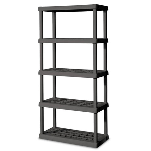 Hustle Proof Five Shelf Heavy Duty Plastic Storage Rack With Ventilated Perforated Shelves, gray color, designed for garage organization.