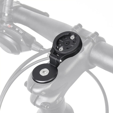 Close-up of a black Out Front Bike Computer Mount for One and One Eighth Inch Steerer Tubes, made of CNC 6061 T6 aluminum.