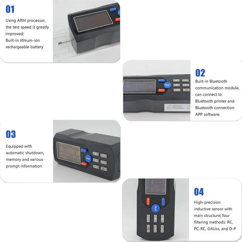 Digital Surface Roughness Tester With Diamond Probe, Profilometer For Metal Parts Finish, showing LCD display and controls