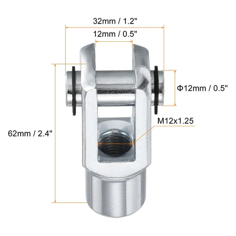 Air Cylinder Rod Clevis End Set 2 Pack 62mm Length M12x1.25 Female Thread Y Connector Silver Durable Low Carbon Steel For Pneumatic Cylinders And Automatic Equipment, front view with 62mm and M12x1.25 measurements