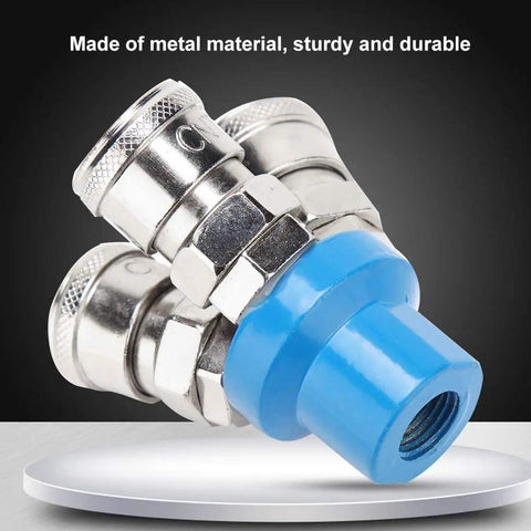 Sturdy Metal C Type Pneumatic Quick Fitting For One Quarter Inch Air Hose Quick Coupler Japanese Style Manifold Splitter Three Way Air Line Connector With Secure Threads And Easy Snap Connection, featuring a durable metal design and blue connector.