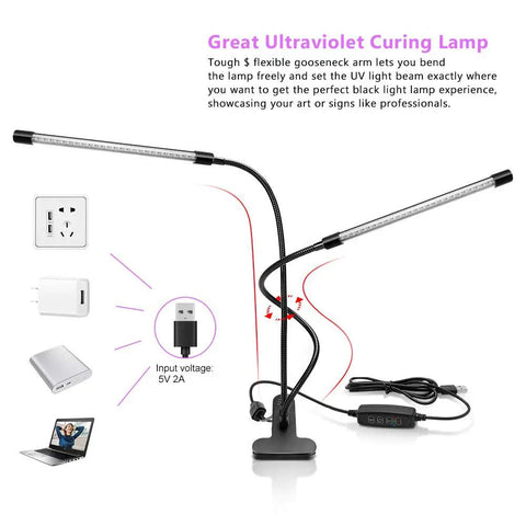 Lit Dual Head LED Black Light 20W UV Fixture With Clamp USB Powered 395 To 405 Nanometers gooseneck lamp setup