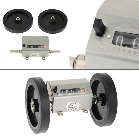 Heavy Duty Metal Rope And Cable Length Counter Featuring Hella Sturdy Rolling Wheel and Dead On Five Digit Readout showing the five-digit display and wheels.