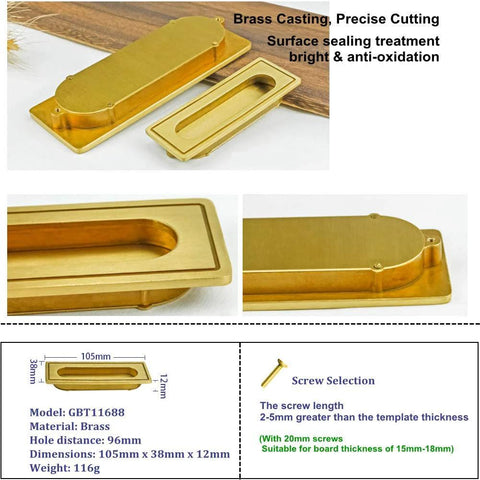 Recessed Brass Cabinet Handle for Kitchen Cabinets Cupboards and Drawers, 96mm Brass Flush Mount, Polished Finish, 105x38x12 mm