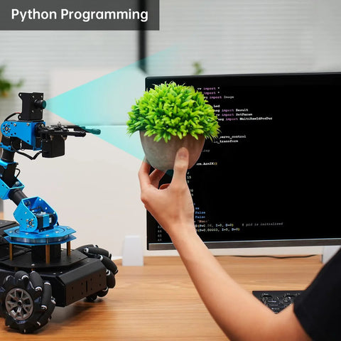 Raspberry Pi 6DOF Robotic Arm Kit demonstrating python programming with precision grip holding a plant, showcasing AI and STEM capabilities.