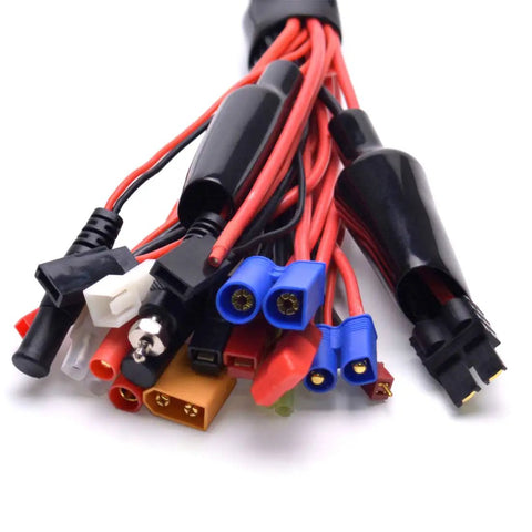 Bundle of connectors on Do It All 19 In 1 Lipo Battery Charger Adapter Cable Banana Plug To JST T Plug XT60 EC3 EC5 HXT 4mm