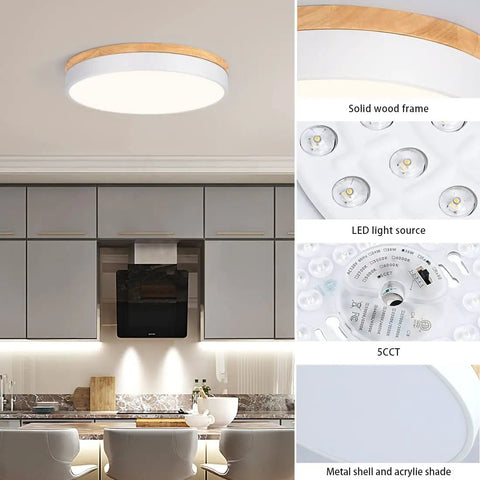 Wooden Flush Mount Ceiling Light With Dimmable LED 5CCT 2700K 6000K Round 16 Inch Ceiling Fixture in modern kitchen.