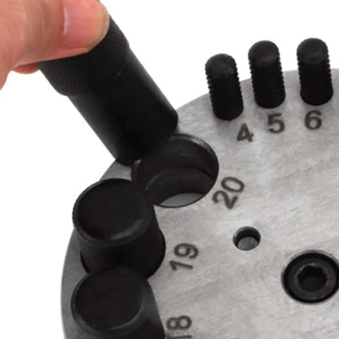 Round Disc Cutter Set For Jewelry Making And Metal Crafting, 17 Die Punch Kit with Hole Puncher in use, precise slot alignment