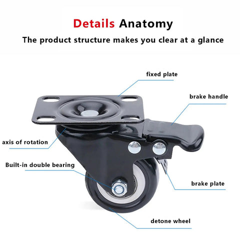 Top Notch Locking Casters Set Of Four Featuring Dead Silent Polyurethane Tires And Heavy Duty Steel Cores showing caster with lock and rotation axis.