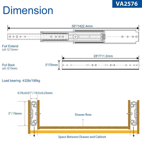 Diagram of Beefy 28 Inch Drawer Slide Without Lock For Cabinets And Furniture, 2 Inch Wide, Supports Up To 250 Lb, 3 Fold Full Extension