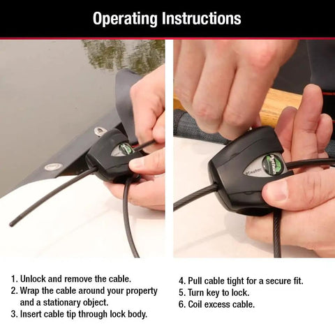 Black Python Bike Lock With Key, adjustable cable lock shown with operating instructions and hands using lock mechanism.