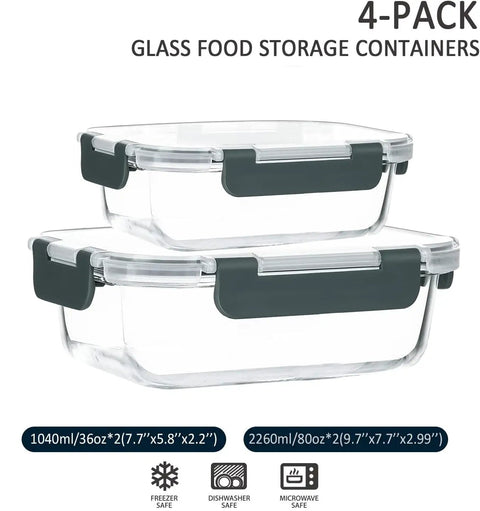 Stacked Mega Size Glass Food Storage Set With Lids showing two 80 oz and 36 oz containers, Airtight Borosilicate Glass.