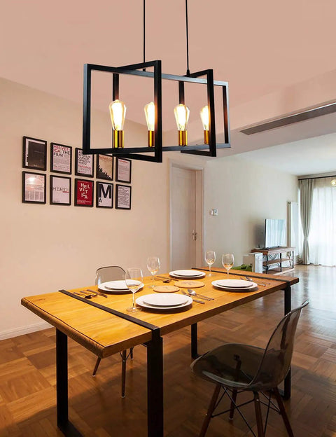 Four Light Kitchen Island Pendant Light Modern Industrial Chandelier In Matte Black With Antique Brass Finish above dining table