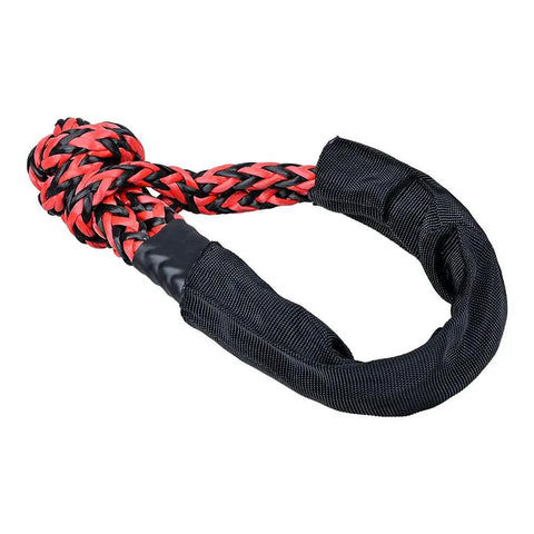 Black and red intertwined soft shackle with protective sleeve, part of the Four Piece Intertwine Black And Red Soft Shackle Rope Set