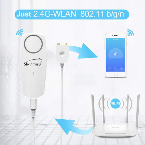 Water Leak Alarm Sensor With 100dB Siren, Smart Leak Detector With Tuya App Remote Monitoring, 5.9 Ft Detection Line, Mute Mode And 6 Ringtones, SMS And Phone Alerts For No Fuss Home Protection, showing device connectivity to smartphone and router.