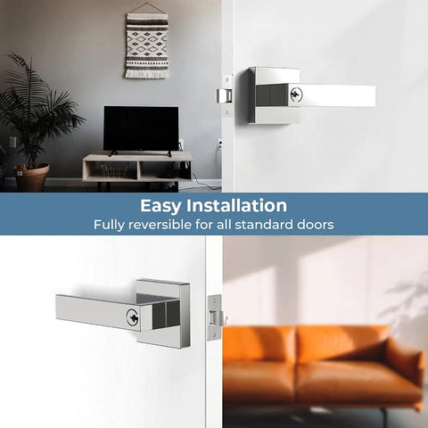 Three Piece Door Knob Set With Lock And Key In Polished Chrome installed on white interior door, modern bed bath and entry levers.